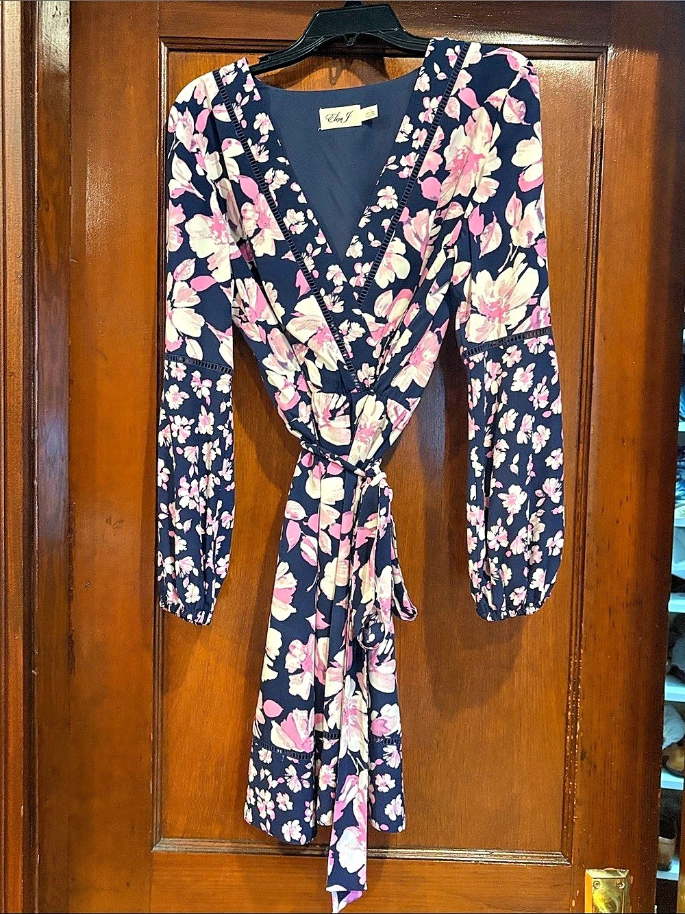 Eliza J Floral Long Sleeve Faux Wrap Midi Dress Blue & Pink